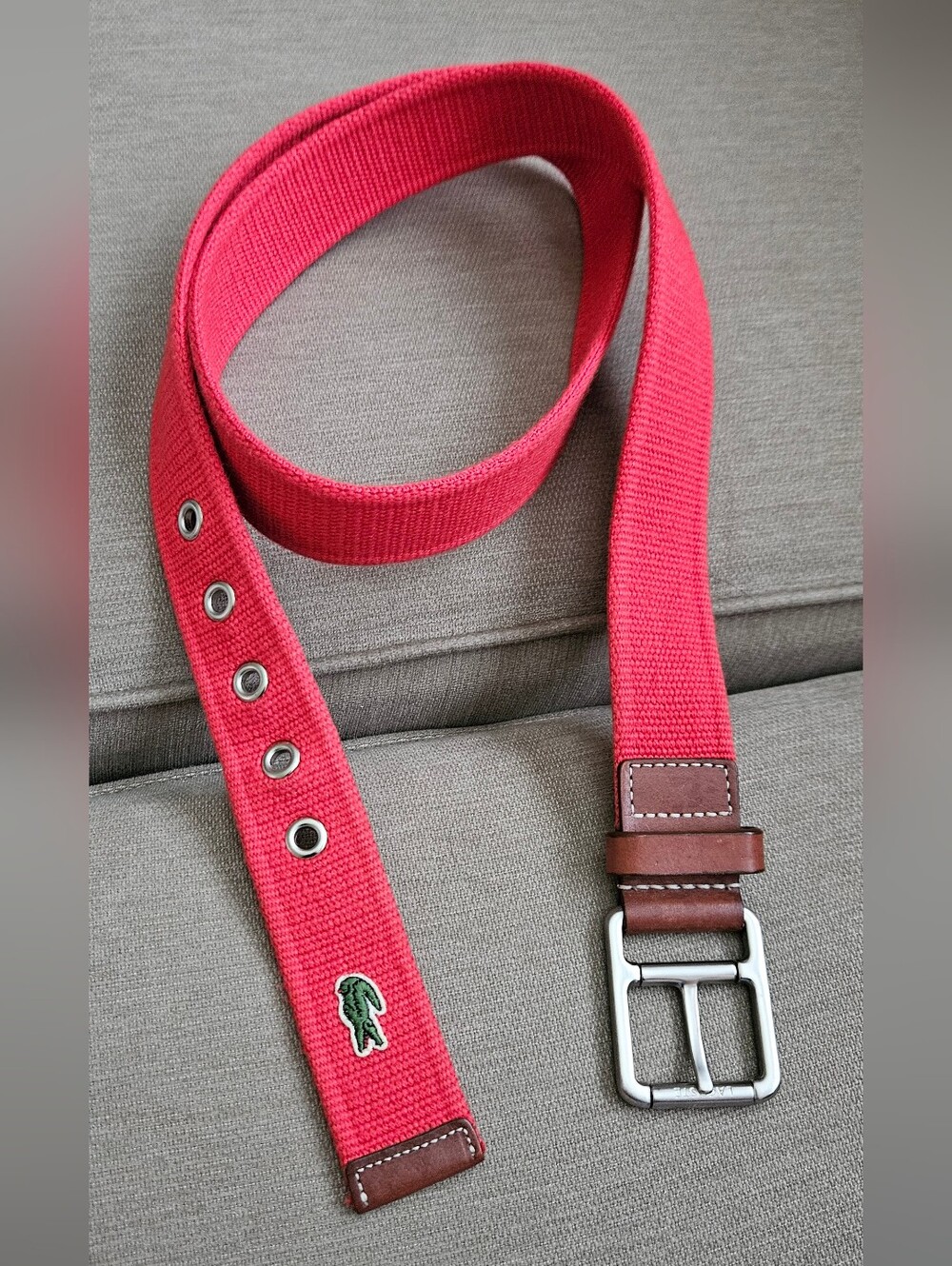 Genuine Lacoste Men's Red Canvas Belt with Leather Trim Size 42